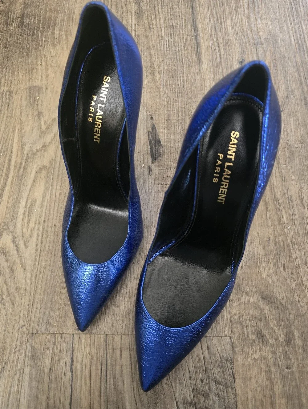 Saint Laurent Metallic Electric Blue Pointed-Toe Stilettos - Picture 5 of 6